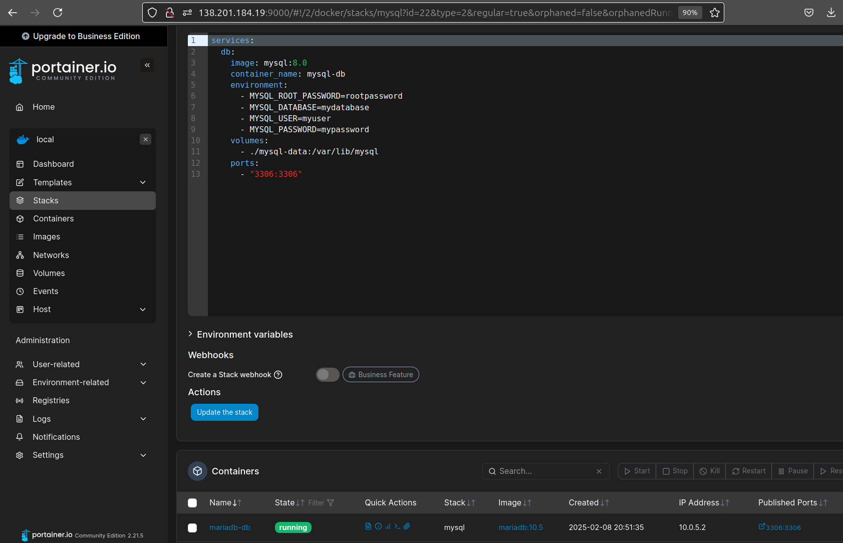 MySQL Portainer