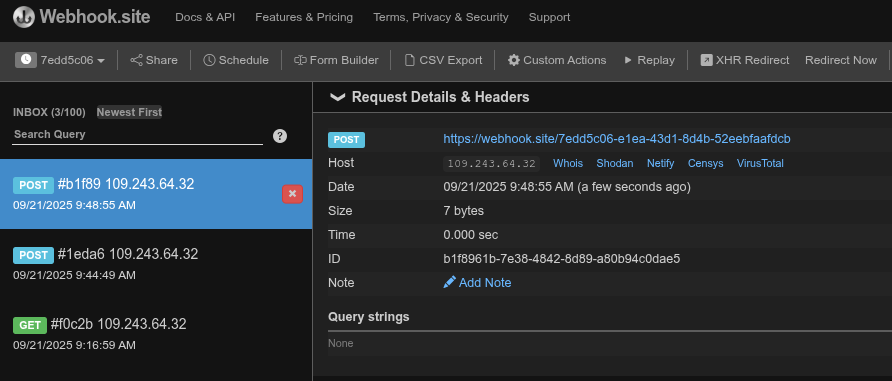 Webhook site for testing