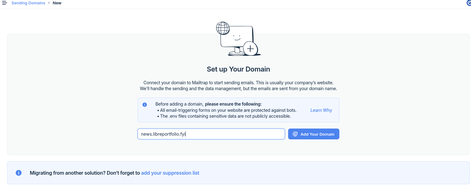 Mailtrap setup with custom sub domain libreportfolio