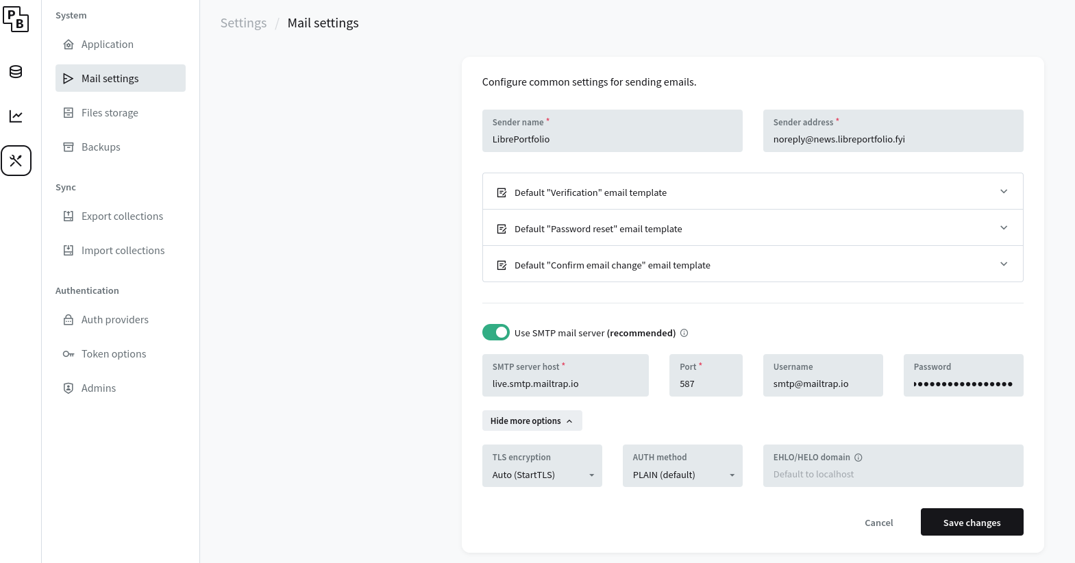 Configuring Pocketbase to work with MailTrap SMTP