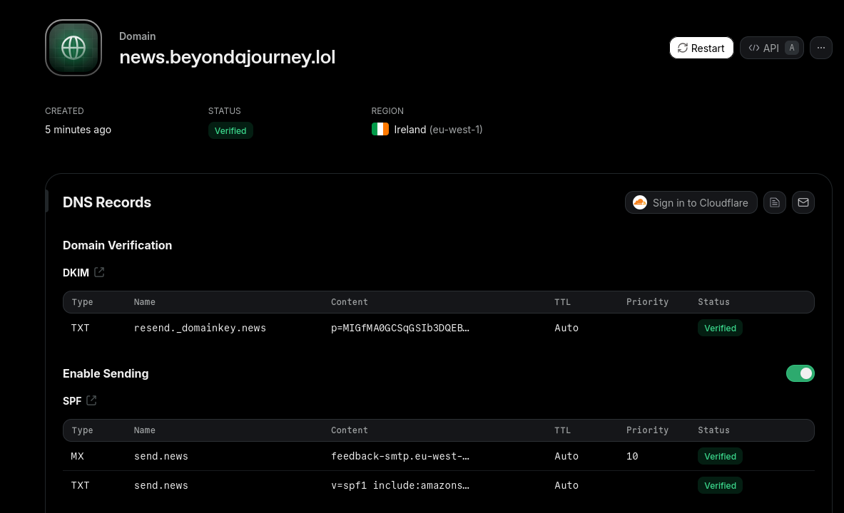 Resend configured with custom domain beyondajourney