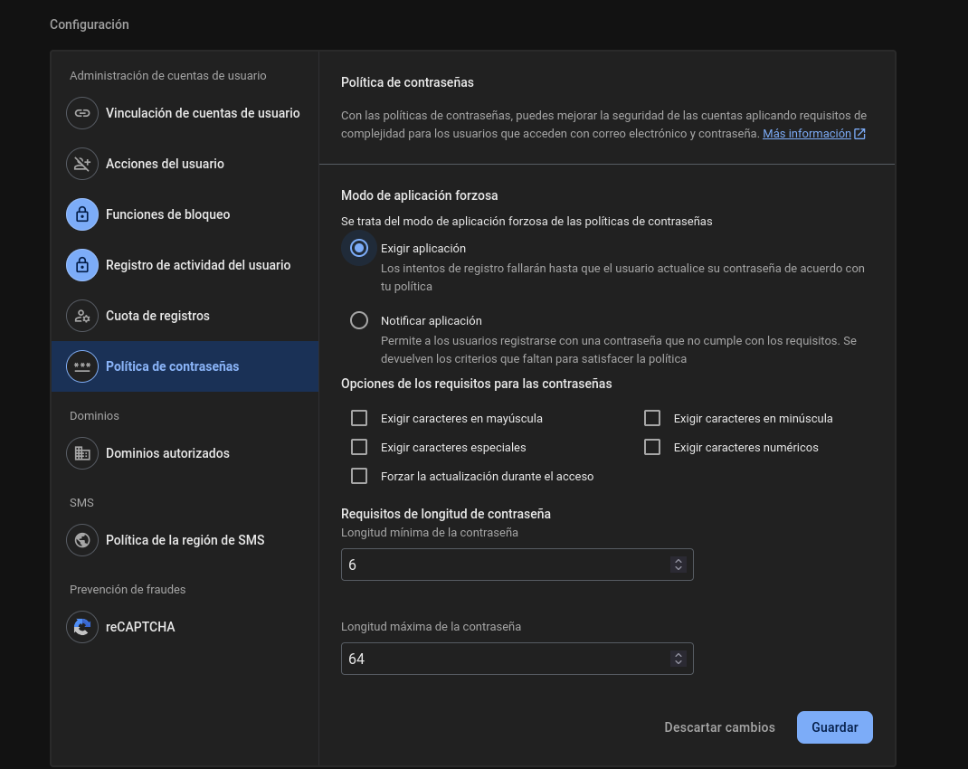 Firebase Auth pwd policy