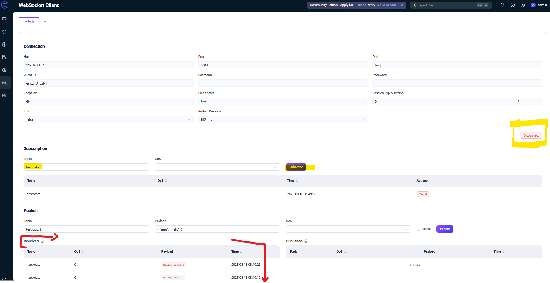 EMQX UI - Watch random topic message