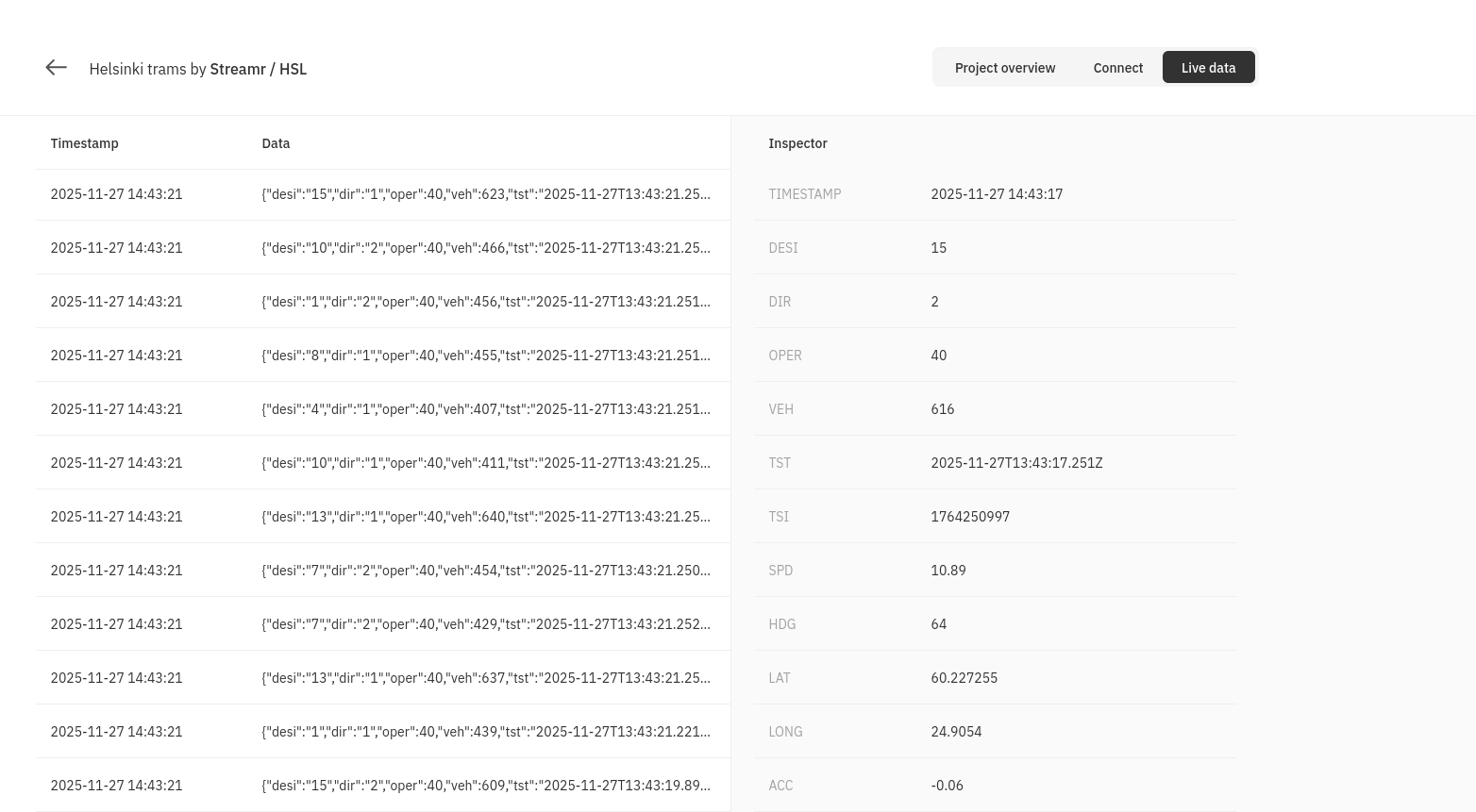 Streamr Live Data that includes lat and long