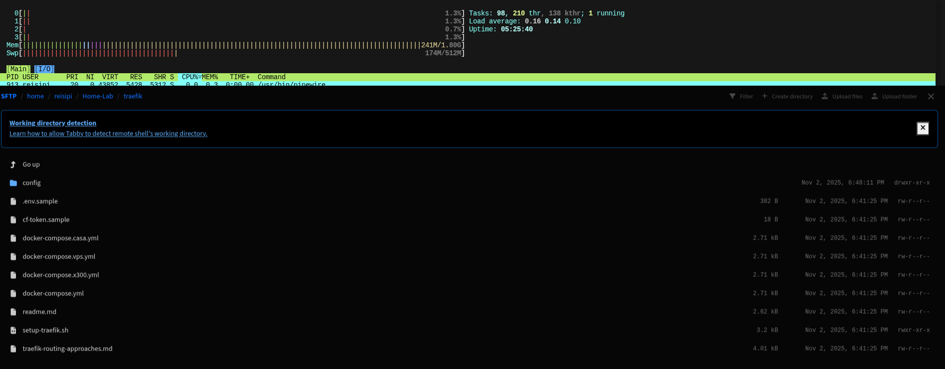 Tabby Terminal looking at htop and sftp file structure