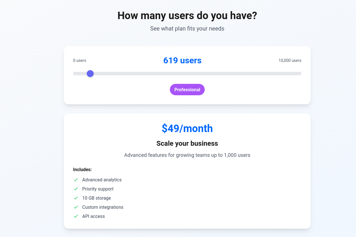 A Slider component for Pricing per use
